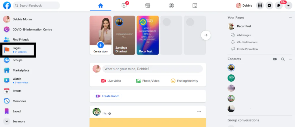 Open Facebook and select ‘Pages'