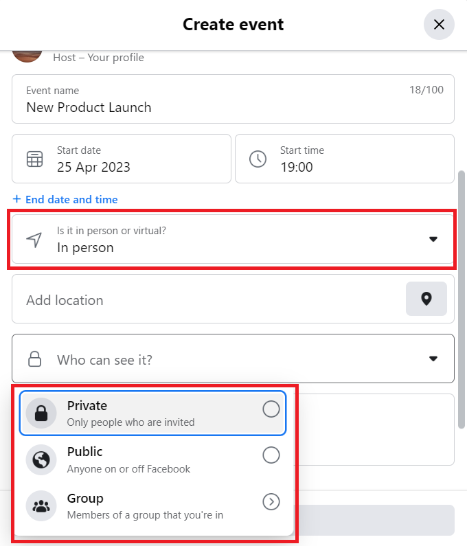 Create event: In person