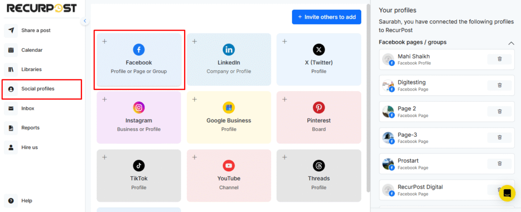 Select Facebook social profile in RecurPost
