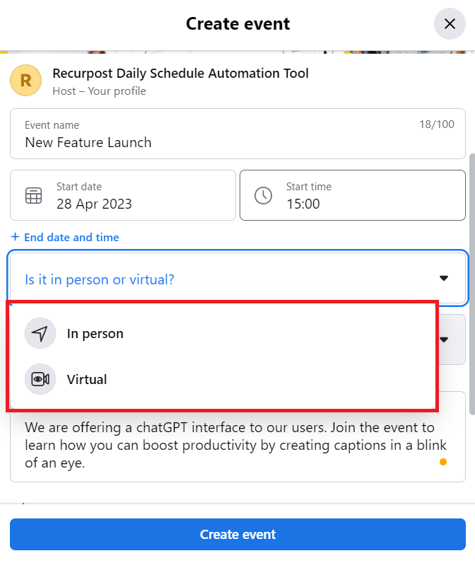 Create event: In person or virtual?