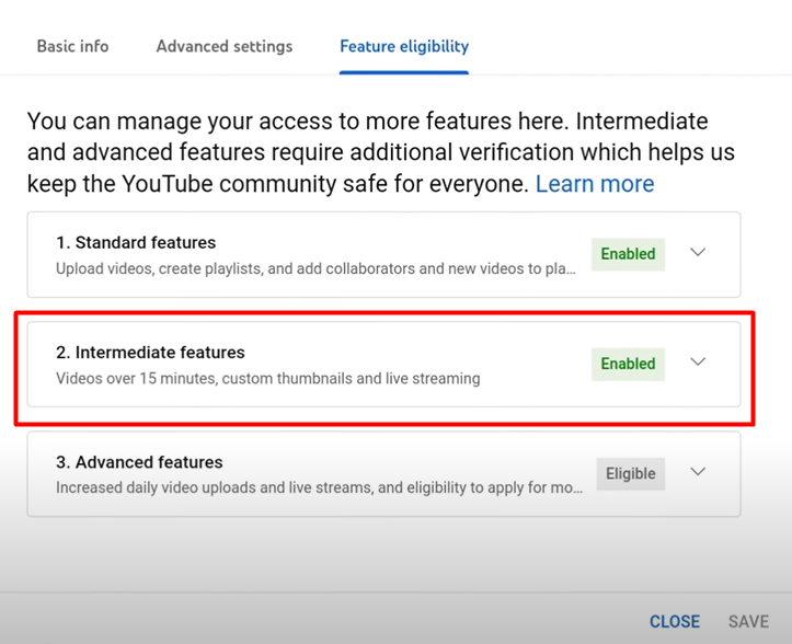 YouTube Studio Feature Eligibility