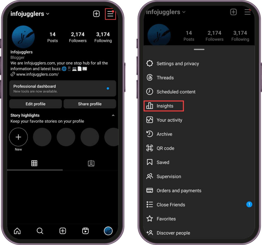 Tap on the hamburger menu and access Insights.
