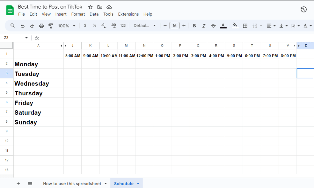 Create a spreadsheet with days of the week and hours and conduct an experiment for the best time