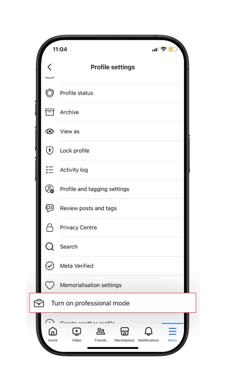 Select “Switch to Professional Mode” from the long list of menu.