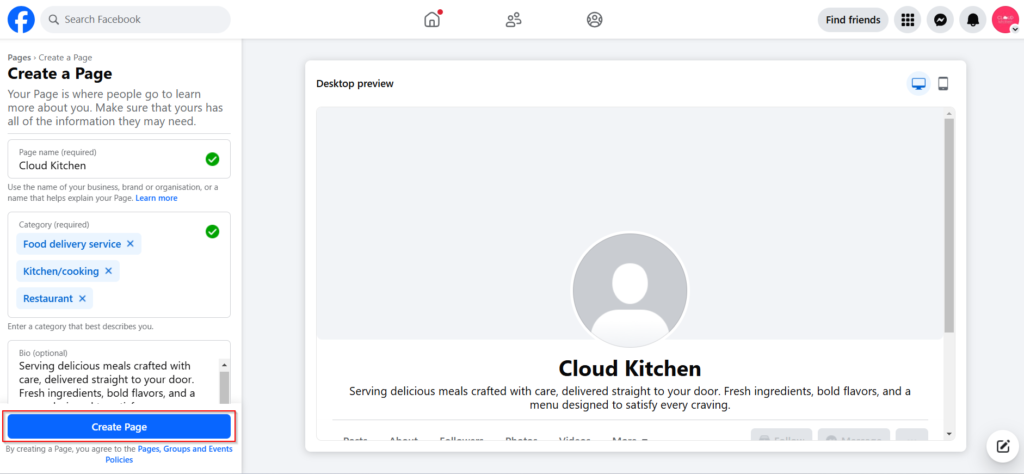 Enter Your Business Information for Facebook page