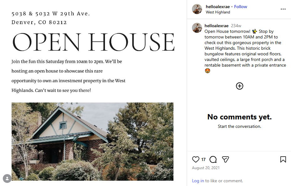 Open house invitation post showcasing property details and event timing for buyers