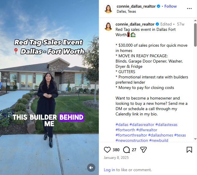 Builder sales event promotion featured in engaging real estate posts