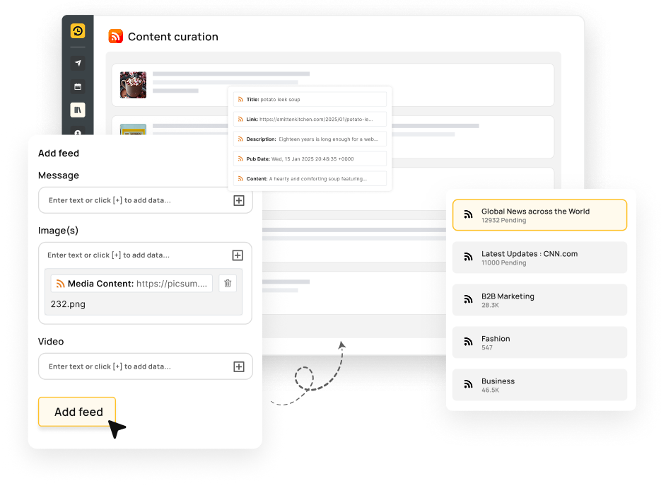 RSS feed dashboard with custom controls for curated content import