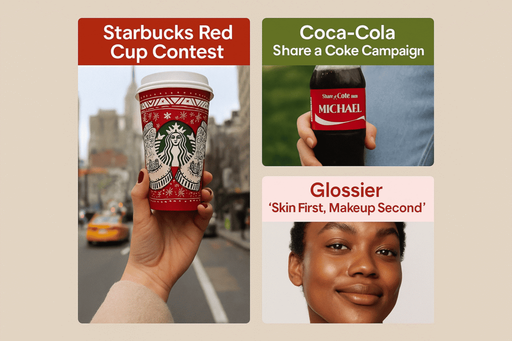 Coca-Cola, Starbucks, and Glossier social media campaign for social media engagement