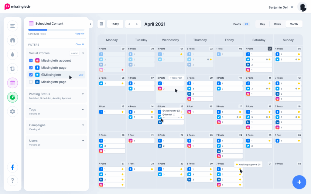 Missinglettr drag and drop calendar