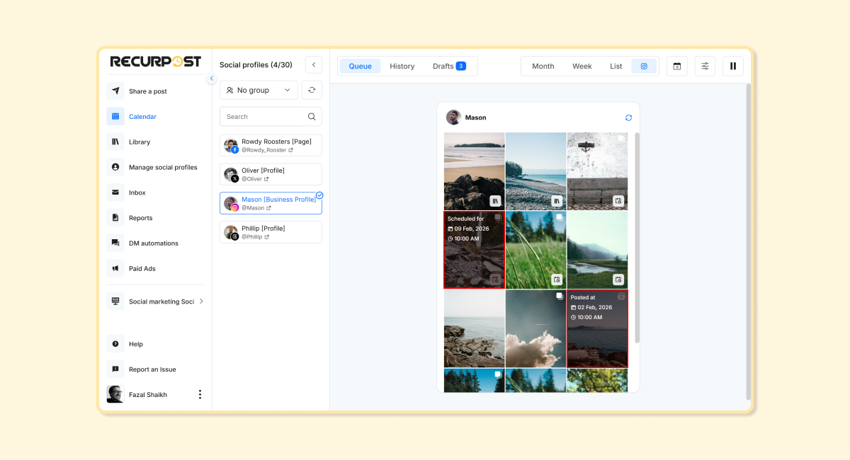 Instagram grid view with post history in RecurPost