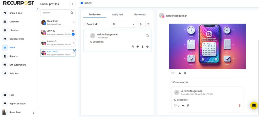 RecurPost Inbox to handle comments and DMs